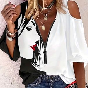Portrait Print Color Block  Blouse